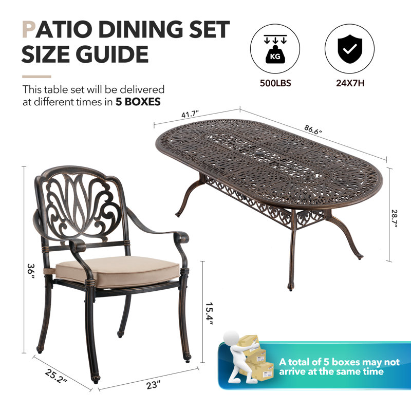 9 Outdoor Dining Set Cast Aluminum Retro Patio Dining Set For 8 Includes 86.6’’ Oval Table And 8 Chairs With Cushion And Umbrella Hole For Patio Deck Garden