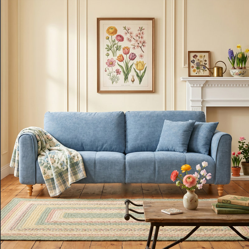 87" Modern Flared Arm Textured Linen Sofa, Blue