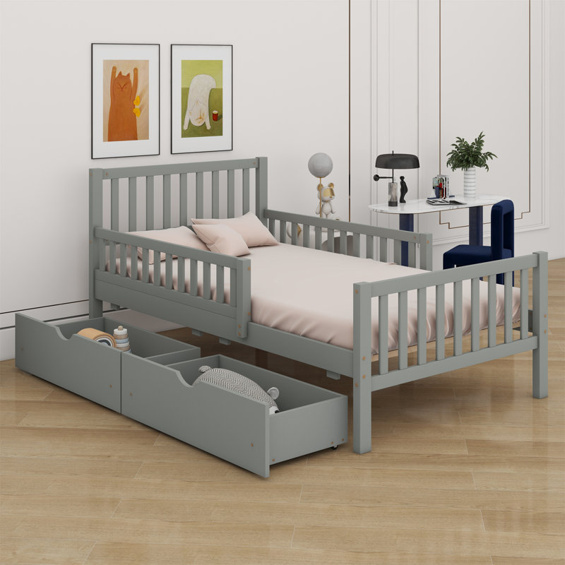 Lit plateforme en bois avec garde-corps des deux côtés et deux tiroirs de rangement, Lit simple