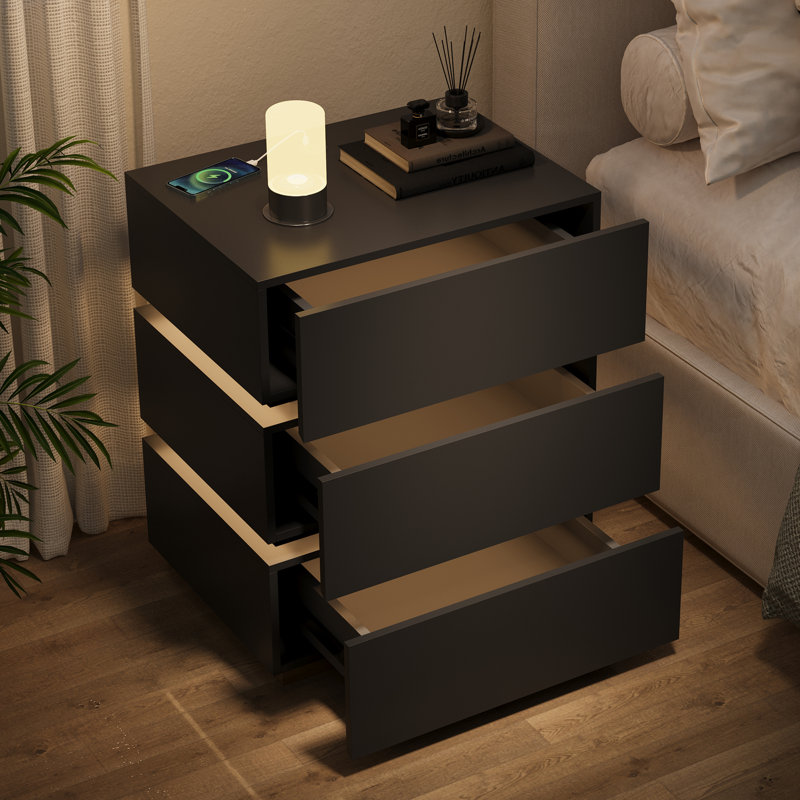Modern 3 - Drawer Nightstand With LED Lighting & Wireless Charging, Black