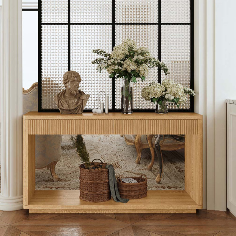 Console cannelée à 2 tiroirs pour le salon, le couloir, l'entrée et le bureau personnel, Bois naturel