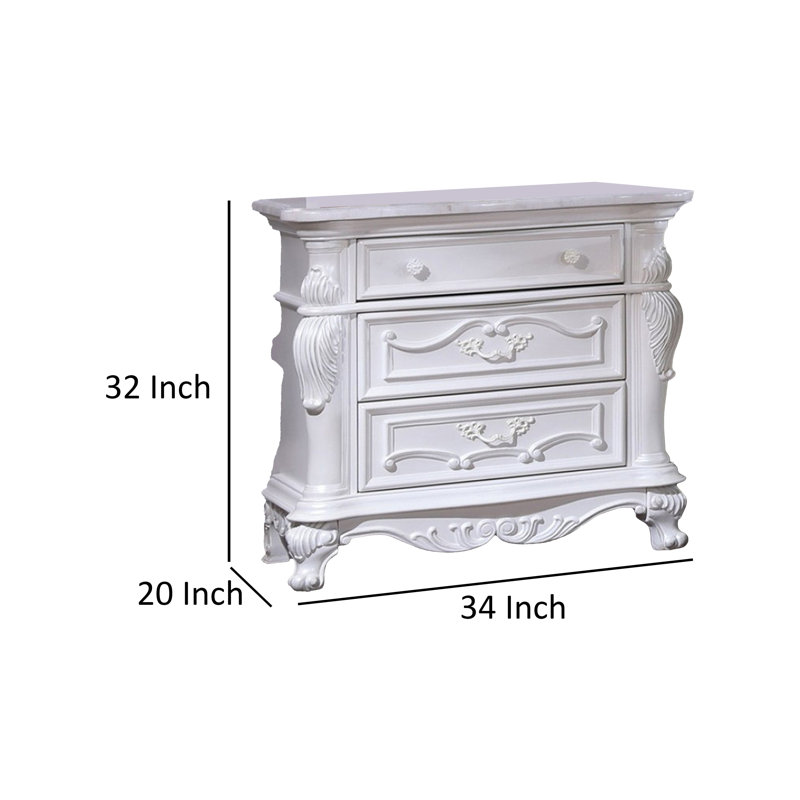 Venta Nightstand With 3 Drawers, 34 Inch, Carved Details, White