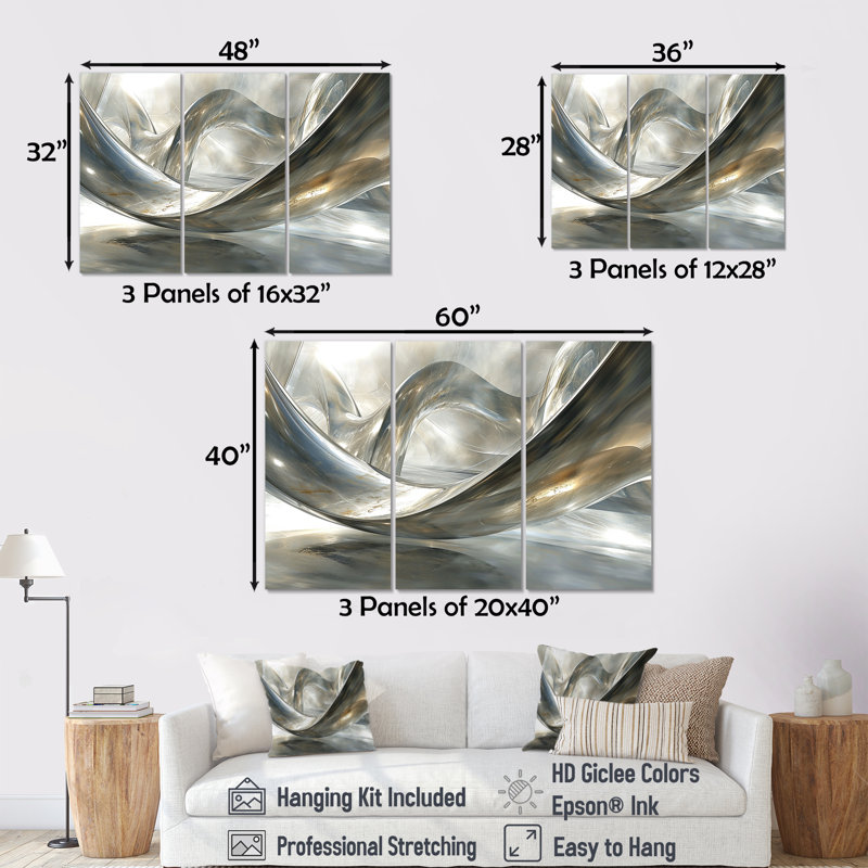 «Diamond Silver Streams - Waves», ensemble d'art mural, Toile tendue, H 40 po x l 60 po x P 1 po