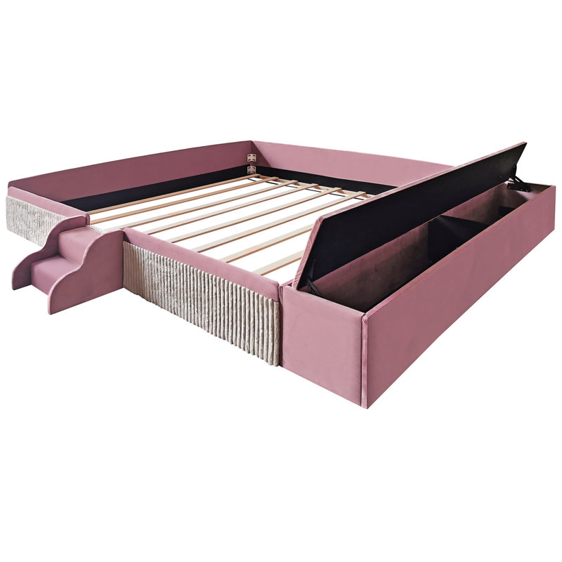 Lit de jour très grand en velours rose et blanc, rangement avec vérin à gaz, escalier et garde-corps rembourrés