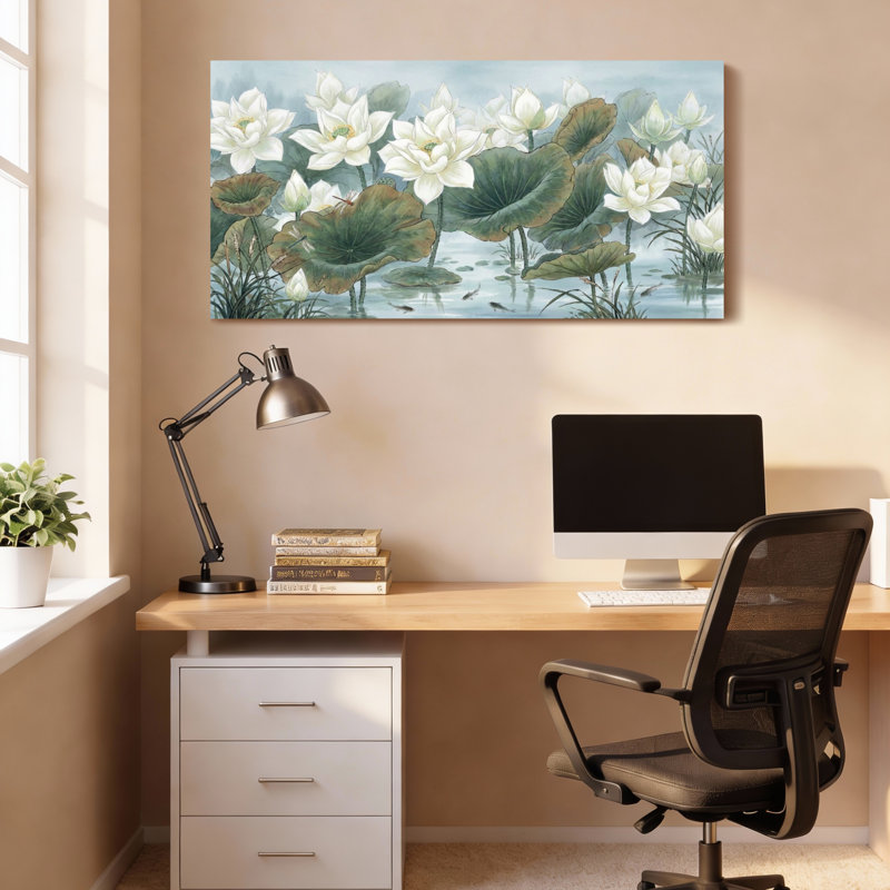 Ensemble de 1 tableau sur toile tendue représentant des fleurs de lotus blanches et des feuilles vertes, 4824