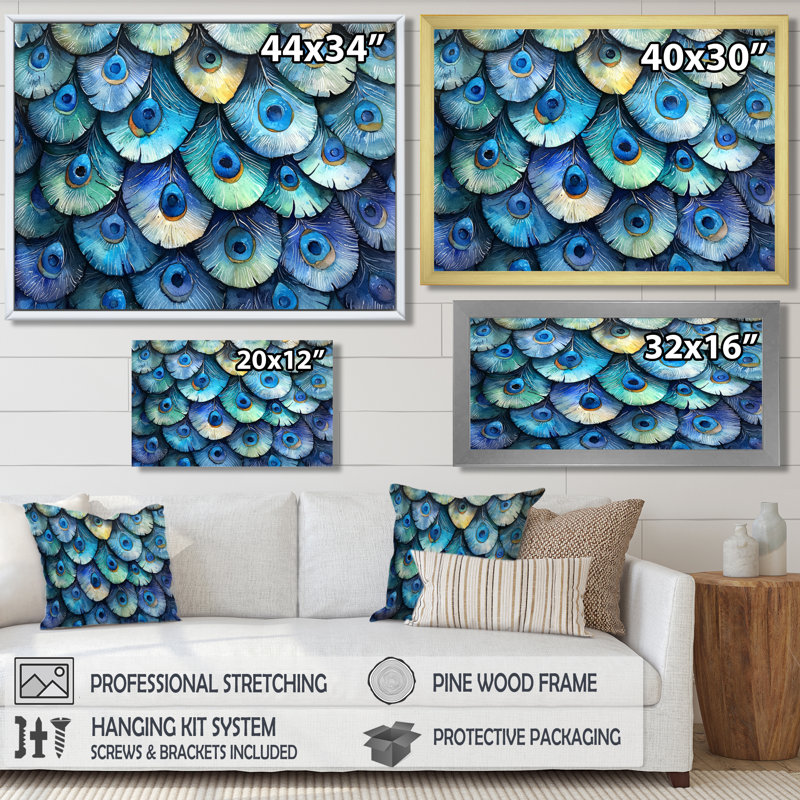 Mosaïque de plumes de paon Grimsley Aqua - paon, art mural, H 30 po x l 40 po, Noir, noir, noir, noir, Cadre flottant