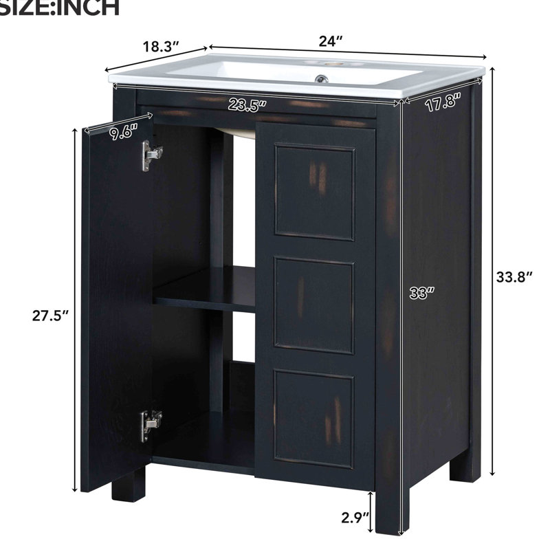 Meuble-lavabo 48 po avec double vasque en céramique, structure en bois massif, panneaux, style rétro, lavabos à tablettes réglables, intérieur spacieux et antique