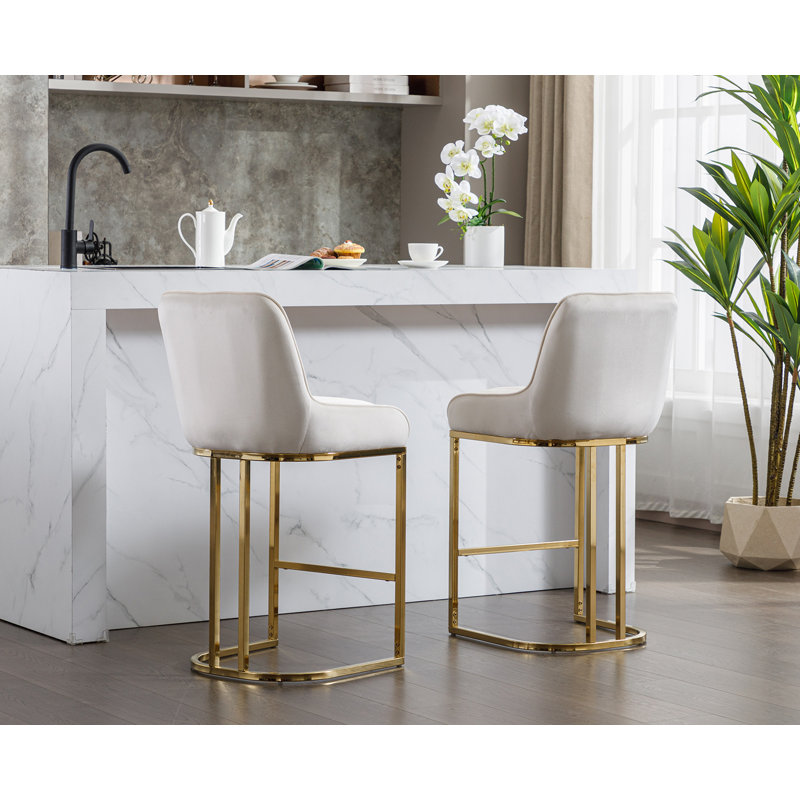 Beige Velvet Upholstered Counter Stools with Gold Metal Base, Set of 2