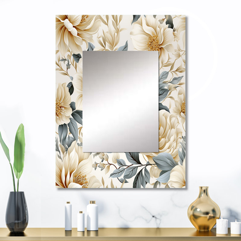Ansam Beige And Grey Flower Serenity Boho Pattern - Floral Wall Mirror, Cottage Decorative Mirror, Printed Metal Art