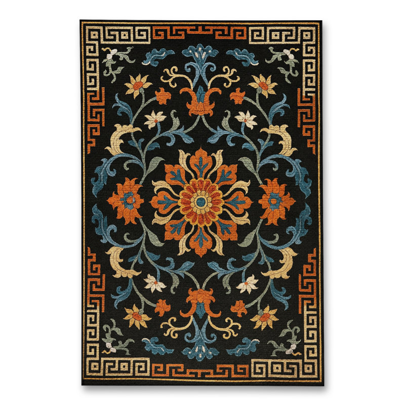 Tapis noir tissé à motif lavable traditionnel Mosso, 2'6" x 4'11"