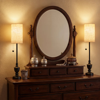 28" Black Resin Skinny Buffet Table Lamps Set of 2, Rustic Candlestick Style Pull Chain Table Lamps for Living Room, Entryway & Bedroom