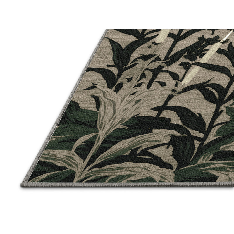 Tapis gris botanique lavable à la machine, Rond 5 pi