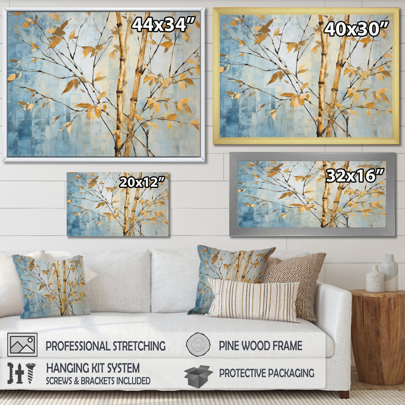 Or et bambou bleu sur toile, H 30 po x l 40 po x P 1,5 po, Cadre naturel flottant