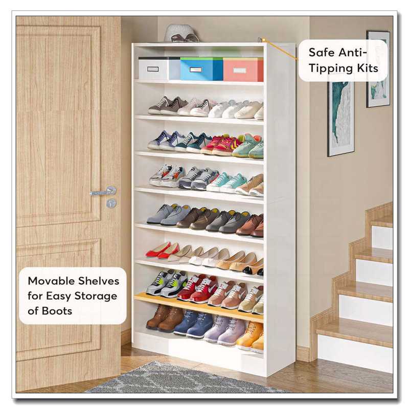 31.49" Width White Shoe Cabinet, 9 Tiers 40-45 Pairs Heavy Duty Wood Freestanding Shoe Storage Cabinet, White
