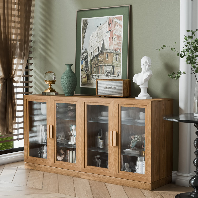 Buffet en bois 62 "x 31" x 16 "avec tablettes réglables et portes en verre, Bois naturel