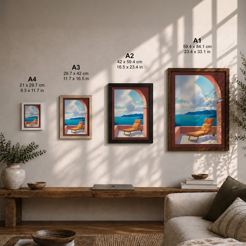 Mediterranean Terrace Coastal - Framed Print, Walnut, A3 - 42.0 x 29.7 cm