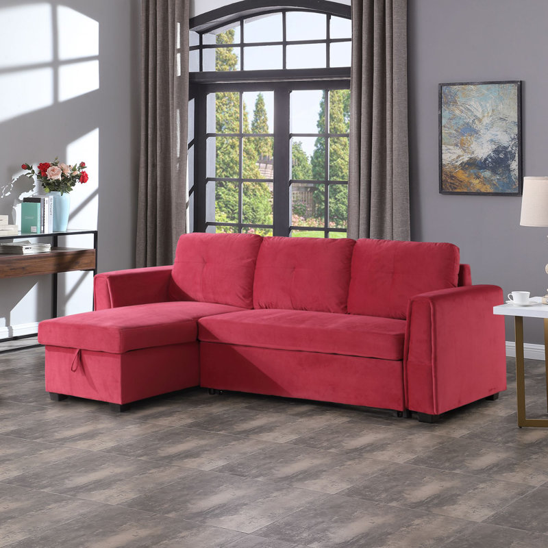 Blatnice 91" Wide Velvet Reversible Sleeper Sofa & Chaise with Storage, Red Velvet, Left Hand Facing