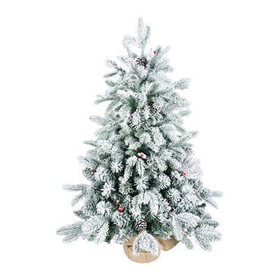 3FT Flocked Tabletop Christmas Tree With 355 Tips, Snowy PE/PVC Branches, 14 Pine Cones & 14 Red Berries, Burlap Cement Base – Small Decorative Tree For Home & Office Holiday Decor