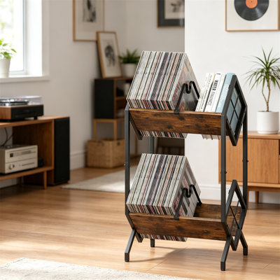 2 Tier Vinyl Record Storage Holder with Dividers, Display Shelf for 160 to 200 Albums