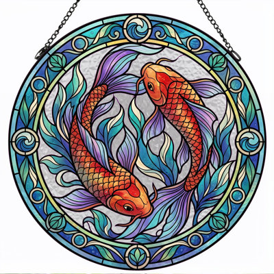 Koi Fish Stained Glass Window Panel，12"H