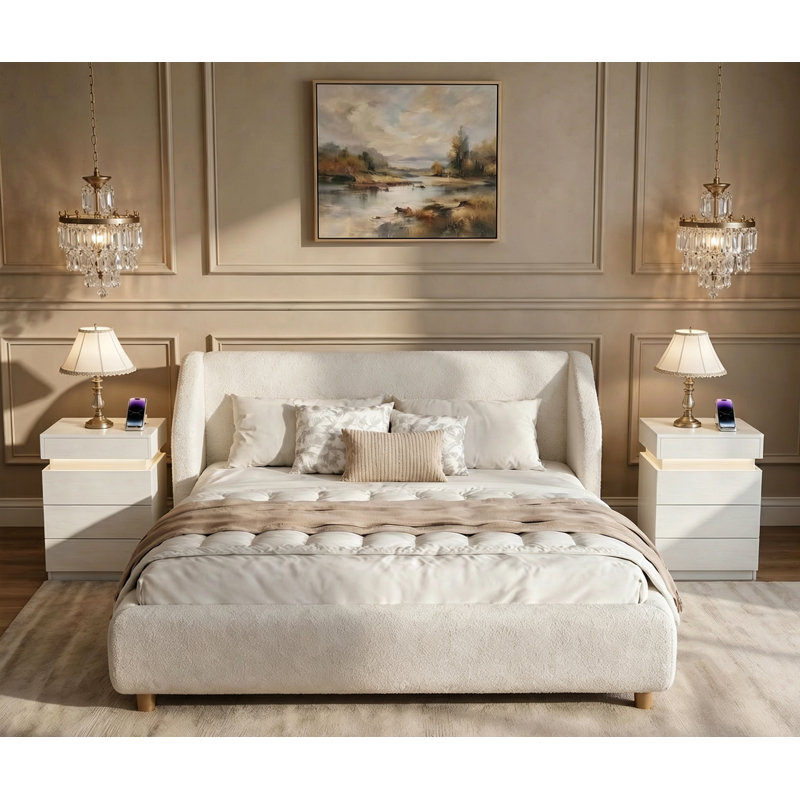 Ensemble de chambre à coucher de ferme 3 pièces avec grand lit capitonné et 2 tables de chevet avec DEL et station de charge
