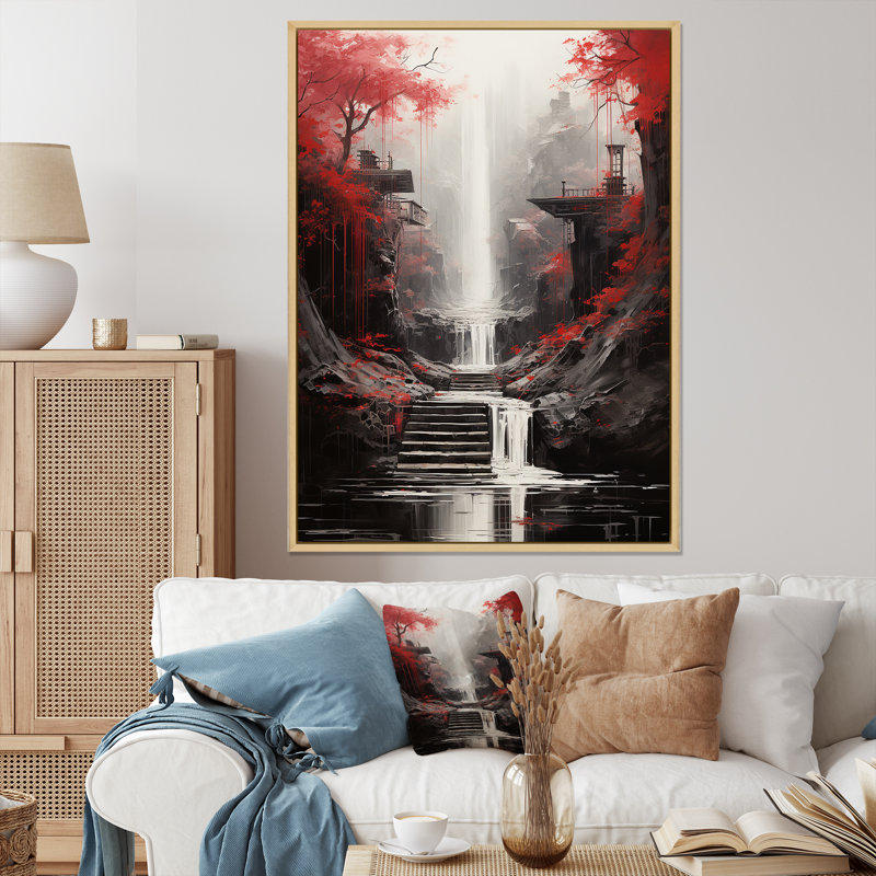 «Red Tree Endless Waterfall Journey», art sur toile, Cadre flottant érable, H 40 po x l 30 po x P 1,5 po