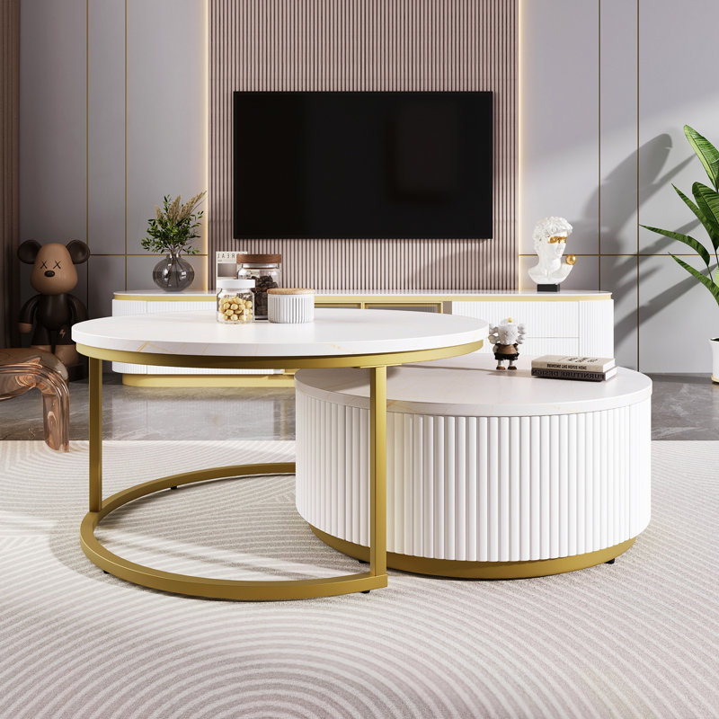 Modern Round Nesting Coffee Table Fluted With Drawer, White, 15.7" H x 31.5" L x 31.5" W
