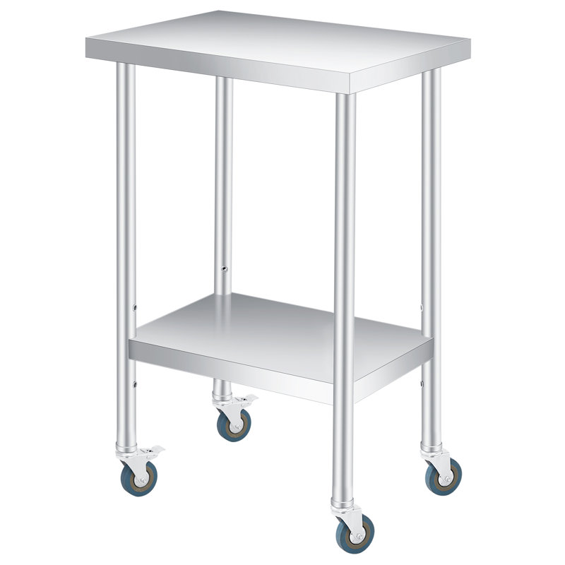 Établi utilitaire en acier inoxydable avec roulettes, chariot roulant double couche 14 po x 24 po avec tablette réglable