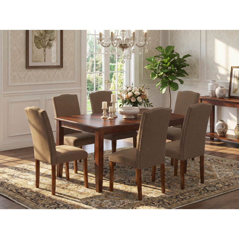7 Piece Dining Table Set Consist of a Rectangle Dining Room Table and 6 Dark Coffee Linen Fabric Upholstered Parson Chairs, Mahogany