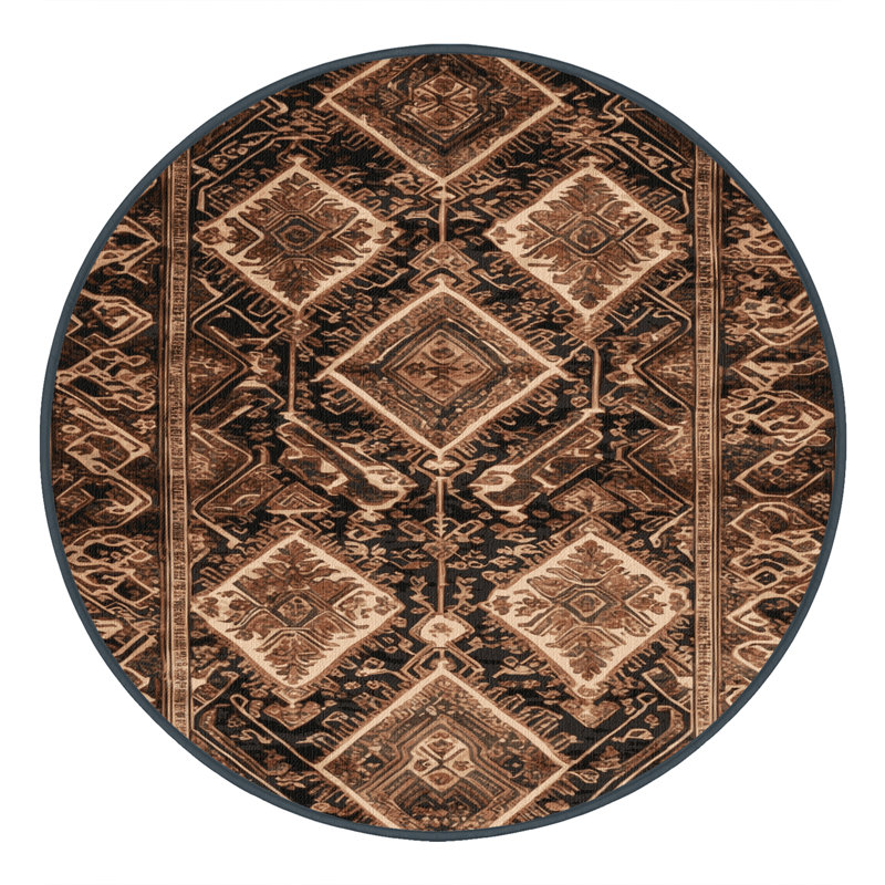 Tapis art déco brun lavable à la machine, Rond 4 pi