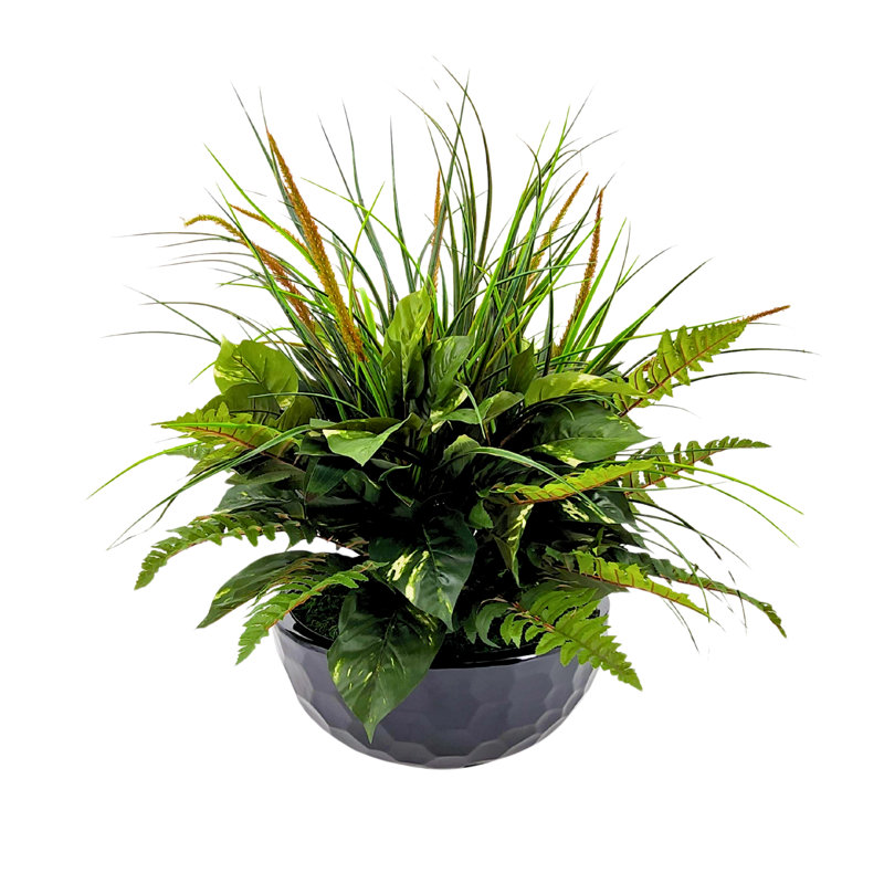 Verdure artificielle mélangée dans un bol en céramique à fossettes, Noir lustré