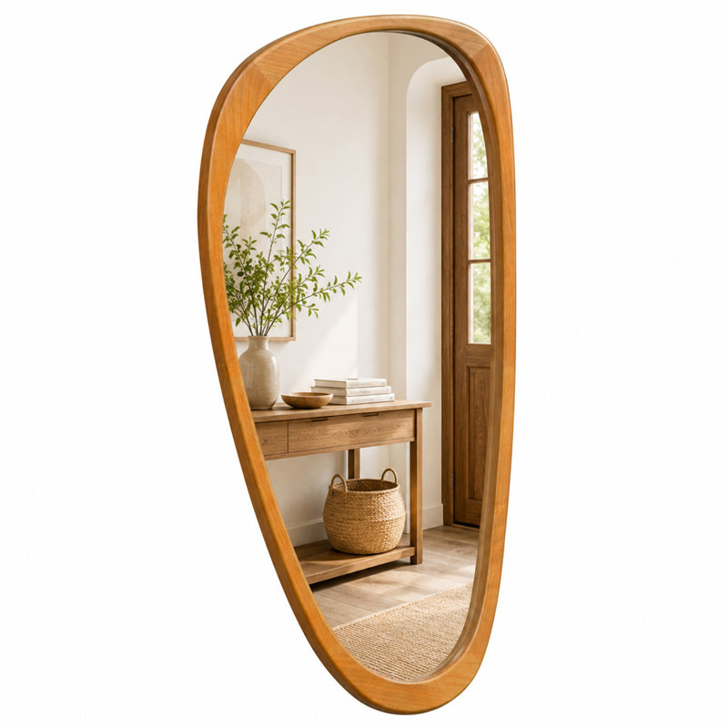 Irregular Accent Solid Wood Wall Mirror, 48" x 24", Warm Walnut