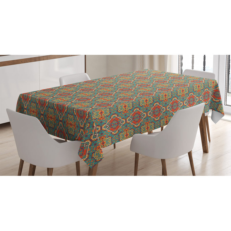 Turquoise Tablecloth, Indigenous Art Drawing Folk Tile Tribal, Rectangular Table Cover For Dining Room Kitchen Decor, 60" X 90", Turquoise And Orange