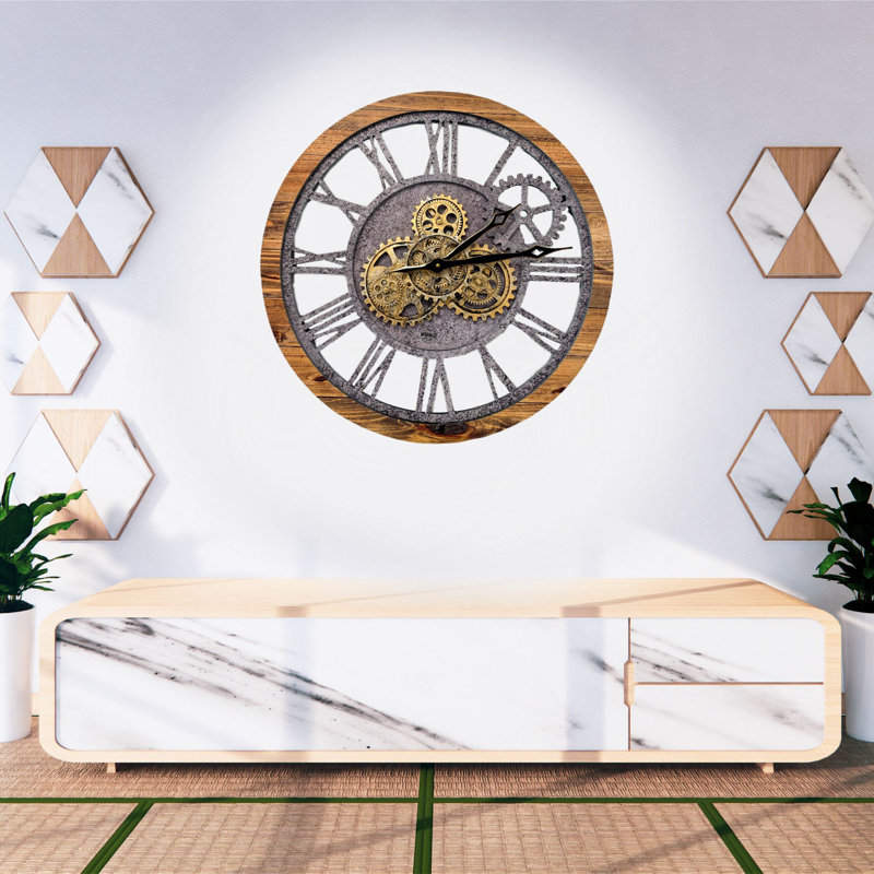 24" Rustic Wood and Stone Oversized Wall Clock with Moving Gears