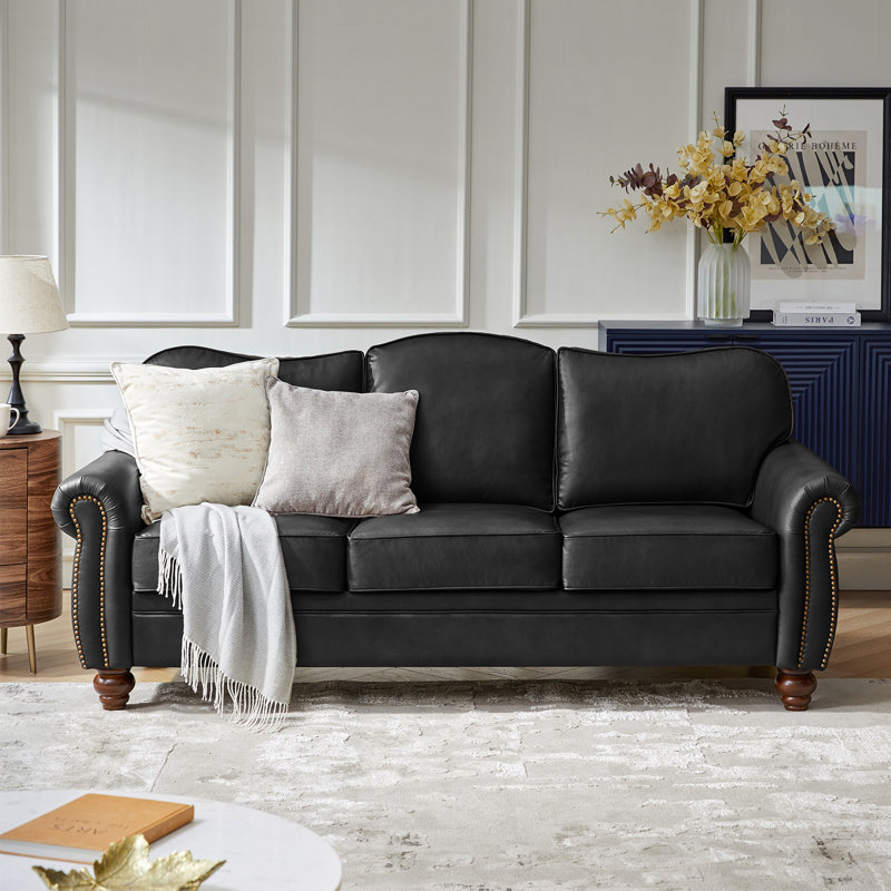 Dielle Transitional 81" Wide Leather Sofa with Solid Wood Legs, Black