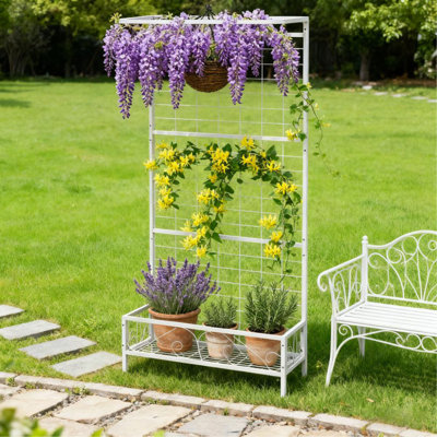 Support à plante, support à plante haut en métal avec treillis et barre de suspension, pour l'intérieur et l'extérieur