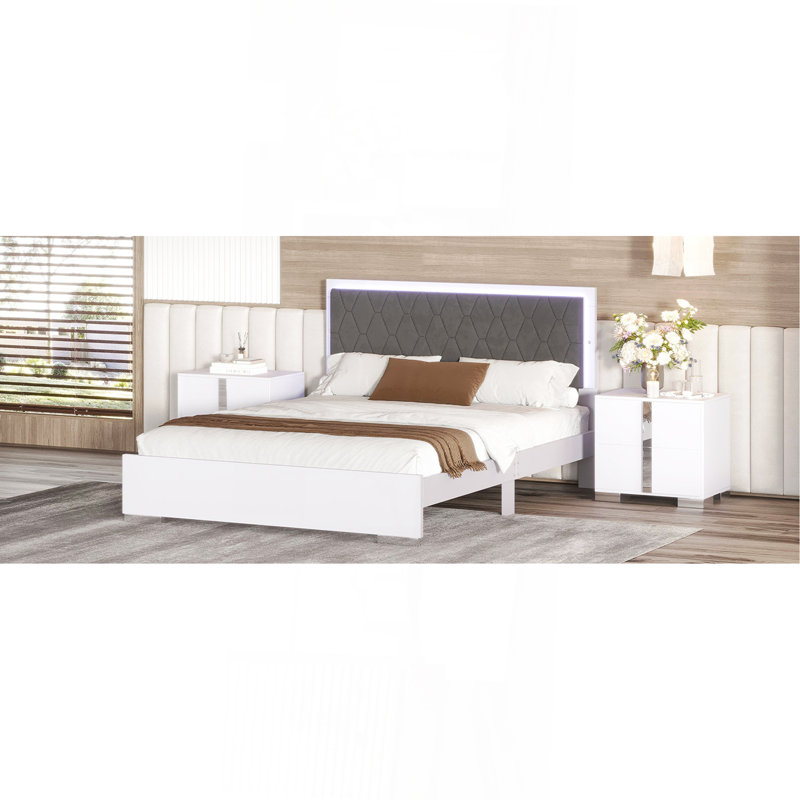 Queen Size Upholstered Bed With Led Light, White