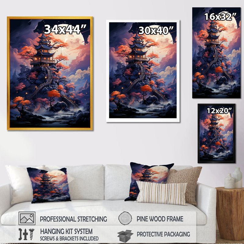 «Moonlight Castle Tree House Dream», art mural Chine, Cadre flottant noir, H 20 po x l 12 po x P 1 po
