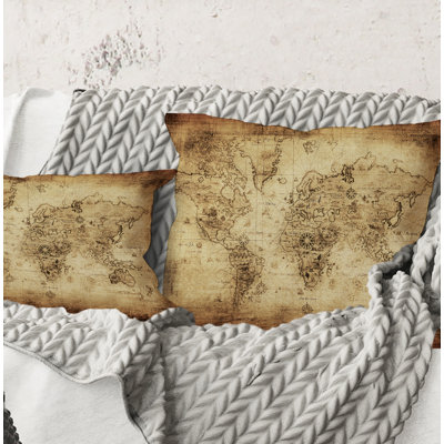 Square,Ancient Map Of The World IV - Vintage Printed Throw Pillow