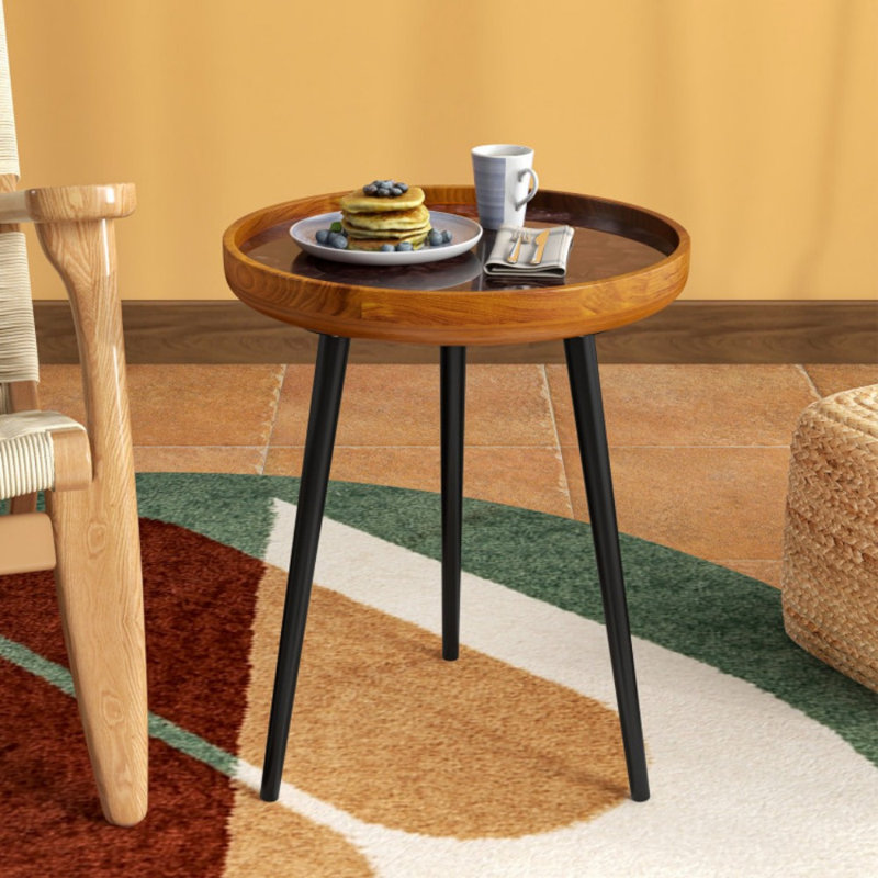 Table de bout ronde de 16 pouces avec décoration de coquillage et finition en résine époxy, Brun