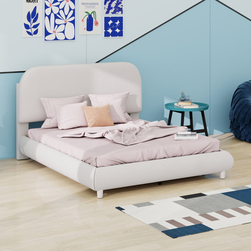Lit plateforme tapissier avec tissu épais, structure solide et design courbé élégant, Beige, Double