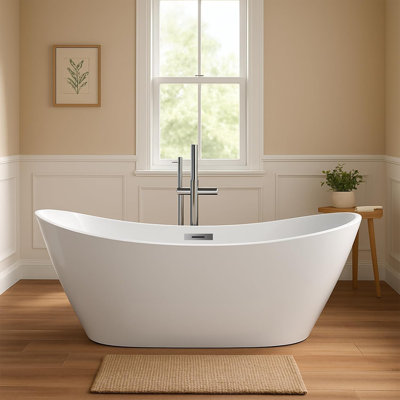 Freestanding Bathtub 59/67 inch Acrylic Soaking Tub with Chrome Drain and Overflow, Compact Modern Bath for Bathroom Upgrade and Relaxing Home Spa Experience