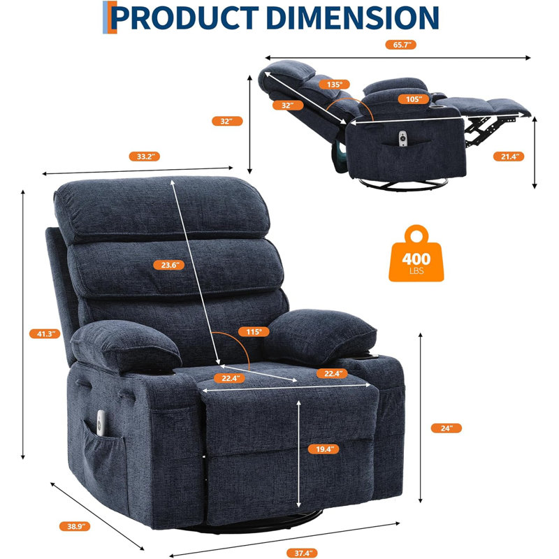 Fauteuil inclinable à bascule pivotant à 360 ° pour adulte, fauteuil inclinable et pivotant chauffant avec dossier et repose-pieds réglables pour adulte, fauteuil de chambre de bébé inclinable / 2 porte-gobelets, vert