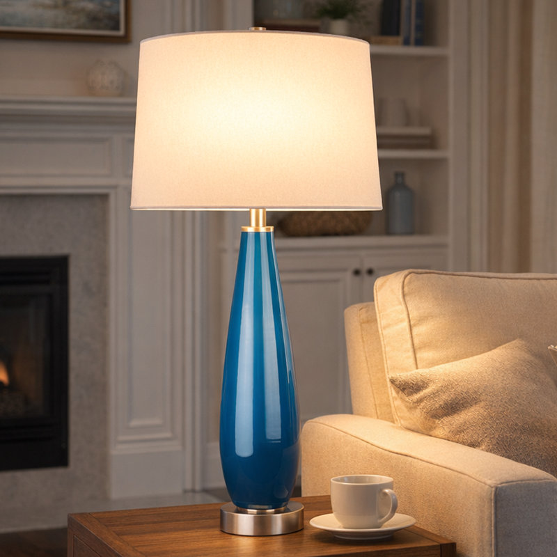 Lampe de table 28 "en art bleu moderne avec abat-jour tambour en lin blanc et base en acier inoxydable brossé