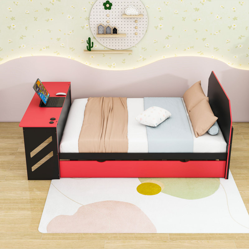 Lit de jour moderne en bois pleine grandeur avec lit gigogne coulissant simple et port USB intégré, Rouge