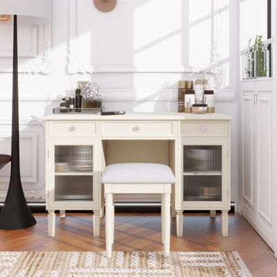 2-In-1 Vanity Desk With Flip-Top Mirror, Dressing Table Set With Drawer & Cabinet, Multi-Functional Computer Writing Desk For Study, Dressing Room, Bedroom, Living Room, White Oak