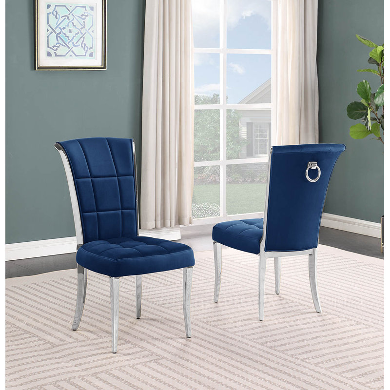 Kalaiya 18'' H Velvet Upholstered Dining Chair, Silver, Navy Blue