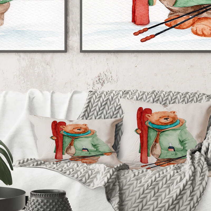 Ours en peluche avec un manteau vert - Coussin décoratif pour enfants, 16 po x 16 po