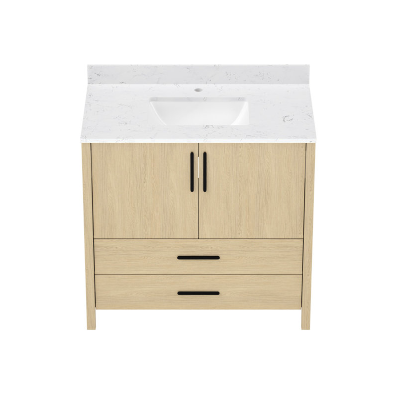 Meuble-lavabo autoportant de 36 po avec comptoir et trou de robinet, panneau de contreplaqué de haute qualité, contreplaqué, base indépendante à texture élégante, rail de rembourrage pour douceur