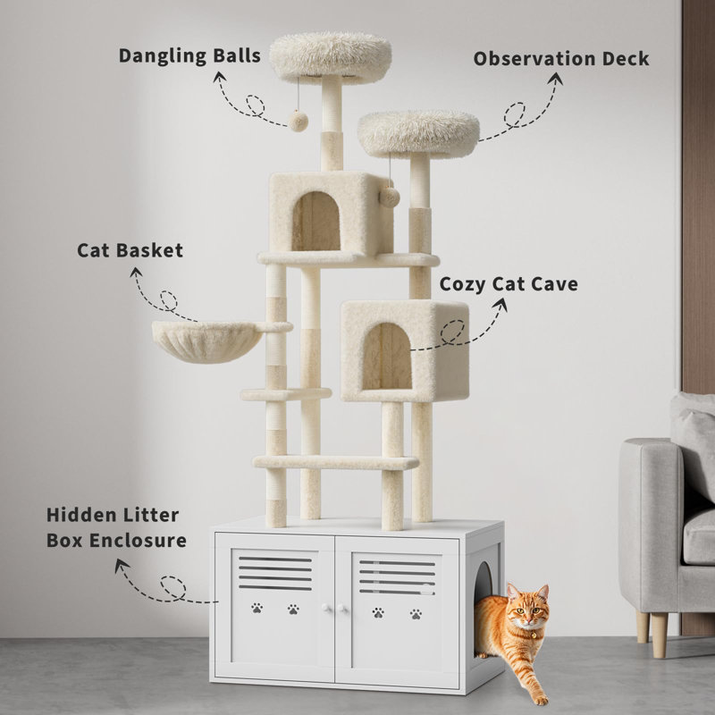 Arbre à chat de 75,6 pouces de haut avec enclos à litière, grand arbre à chat moderne 2-en-1 avec litière cachée, tour de chats d'intérieur avec condos doubles / poteaux à griffer / hamac / perchoirs moelleux